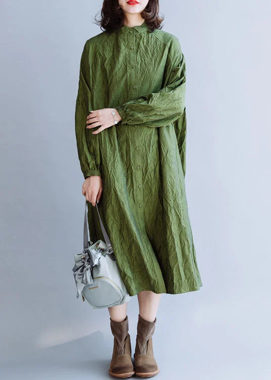 elegant maxi dressFrench Green Stand Collar Wrinkled Cotton Shirt Dresses Fall