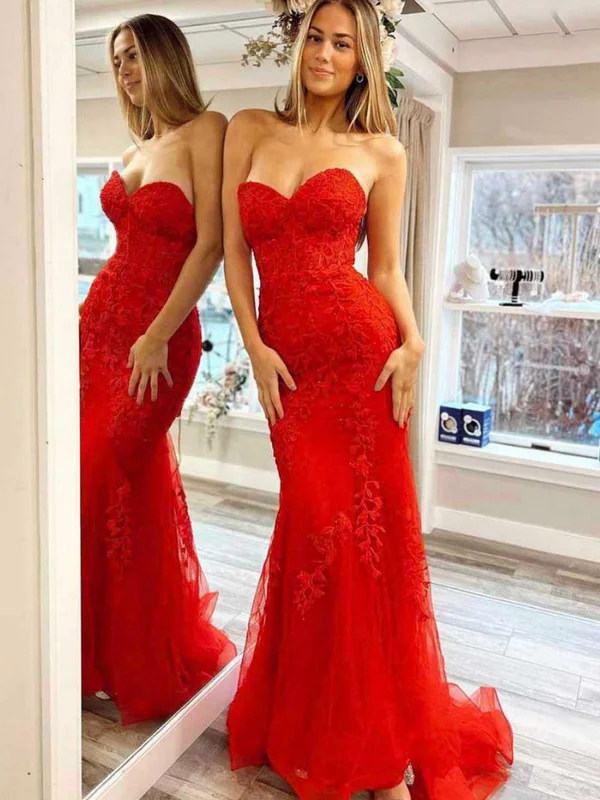 Today Only summer dresssummer dressStrapless Mermaid Red Lace Long Prom Dresses, Mermaid Red Formal Dresses, Red Lace Evening Dresses SP2878