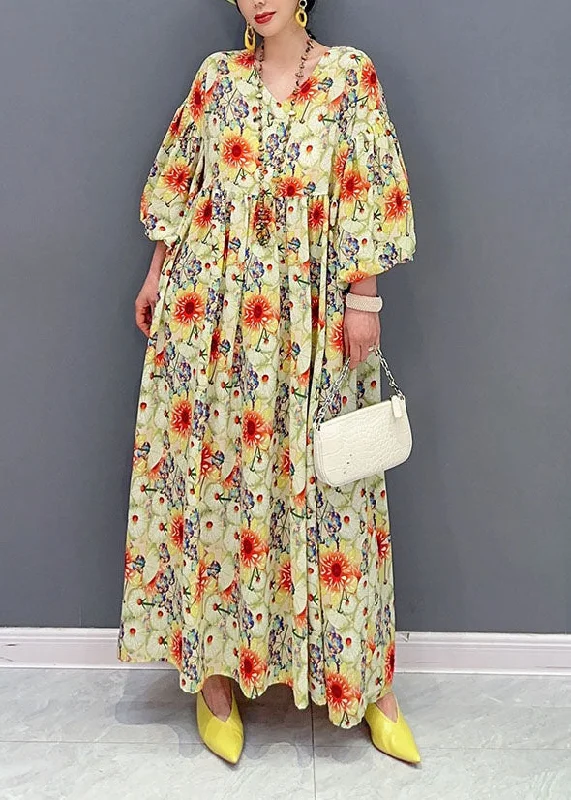 Final Markdown high-waisted dresshigh-waisted dressPlus Size Yellow Oversized Floral Print Cotton Robe Dresses Lantern Sleeve