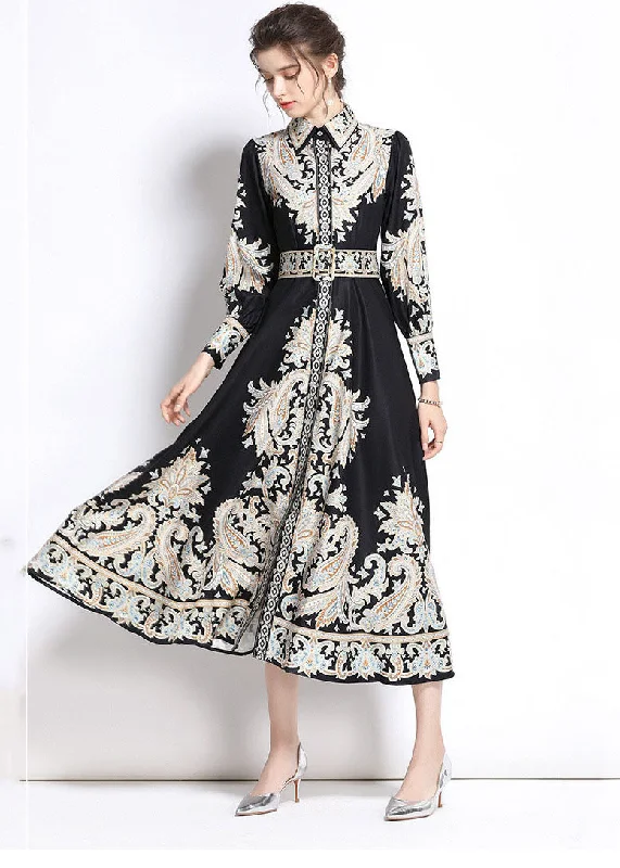 flowy maxi dressItalian Black Peter Pan Collar Print Silk Shirt Dresses Fall