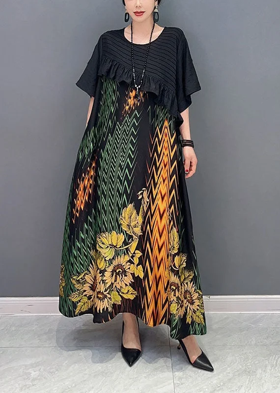 One-DAY Sale trendy wrap dresstrendy wrap dressWomen Black Print Patchwork Ruffled Silk Dress Summer