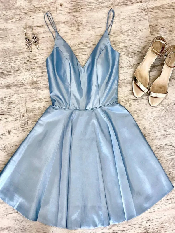 Don't Wait backless dressbackless dressA Line Spaghetti Straps V Neck Short Light Blue Prom Homecoming Dresses, Light Blue Formal Graduation Evening Dresses