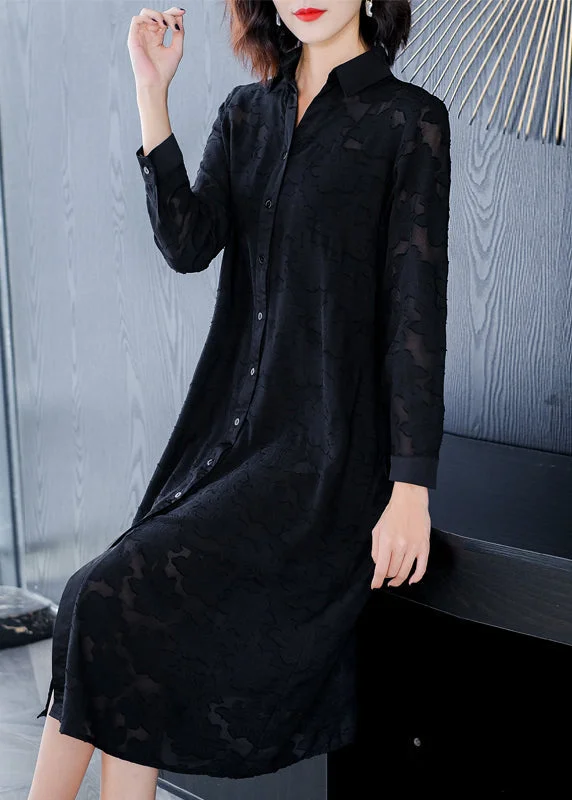 long sleeve dressJacquard Black Peter Pan Collar Button Long Dress Long Sleeve