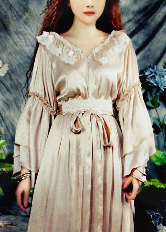Price Cut knit dressknit dressItalian Champagne V Neck Ruffled Silk Long Dresses Bracelet Sleeve