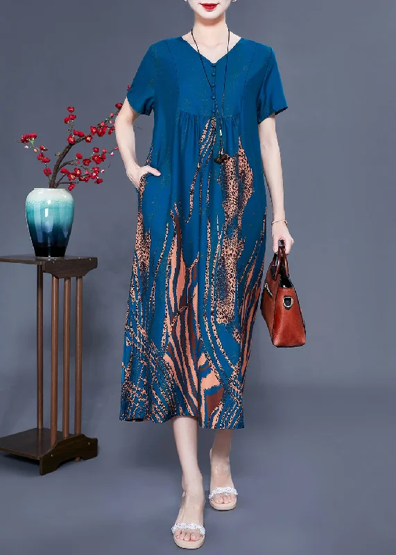 Quick Sale satin dresssatin dressHandmade Navy V Neck Wrinkled Print Silk Vaction Dress Summer