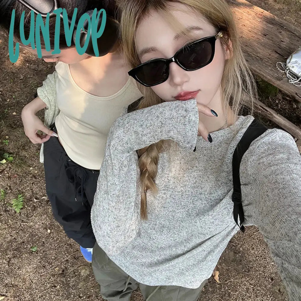 Mega Sale Lunivop Women Long Sleeve Tops Casual Solid Color Loose Pullover Sun Protection Blouse for Club Streetwear Aesthetic Clothes