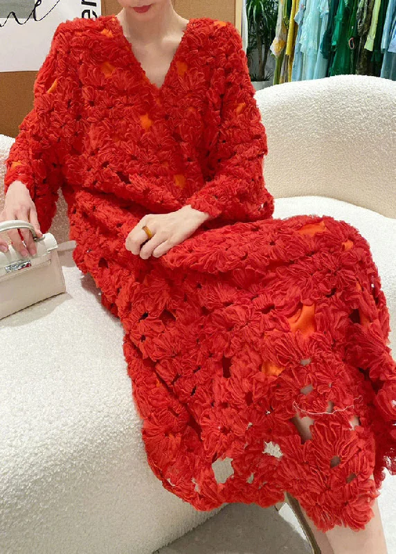 Huge Discounts sleeveless dresssleeveless dressFitted Red V Neck Hollow Out Floral Dress Long Sleeve