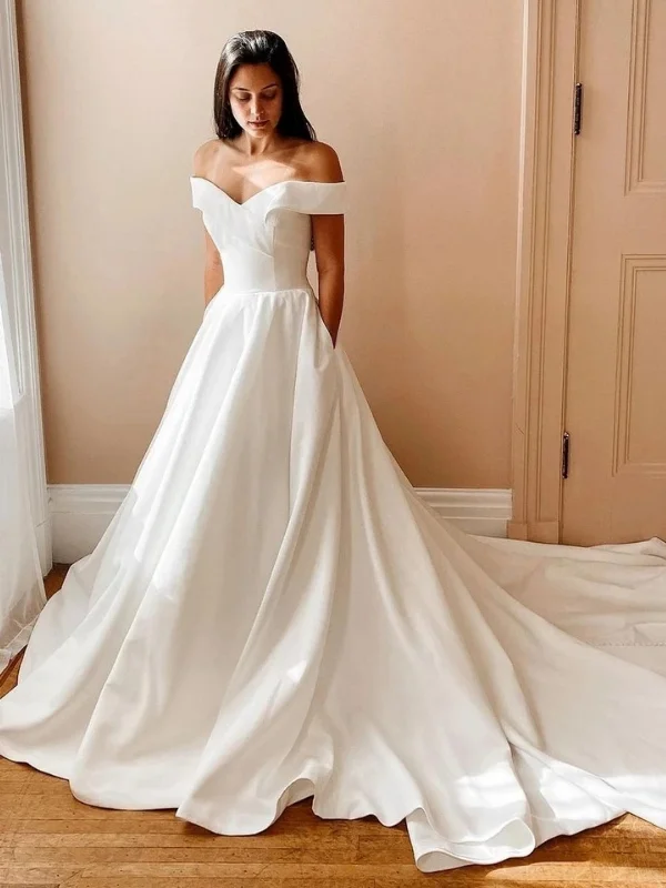 Price Break casual evening dresscasual evening dressOff the Shoulder White Satin Long Prom Dresses with Train, Off Shoulder White Formal Dresses, White Evening Dresses SP2699