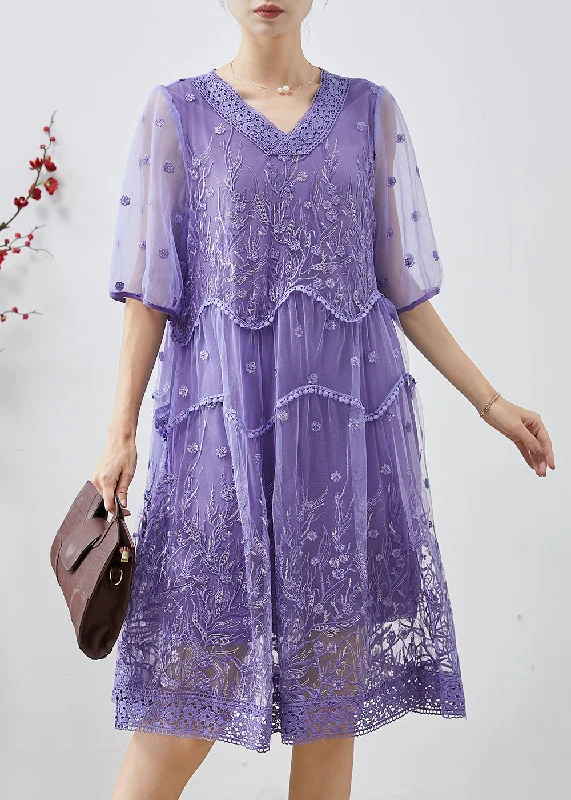 layered dressBohemian Purple Embroidered Tulle Party Dress Summer