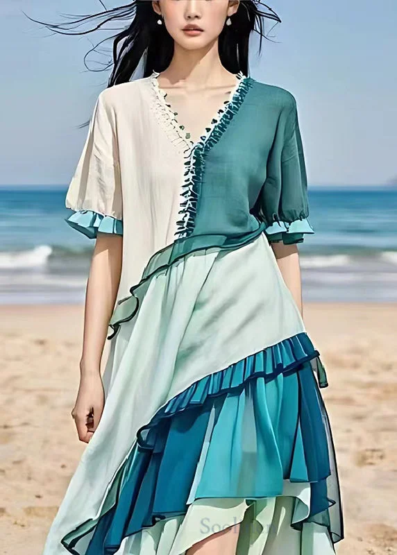 shift dressItalian Blue Asymmetrical Patchwork Ruffles Linen Dresses Summer