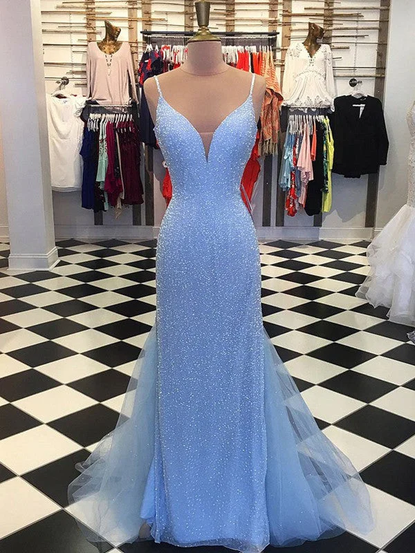 Special Price party-ready dressparty-ready dressV Neck Mermaid Backless Light Blue Prom Dresses, Light Blue Formal Dresses