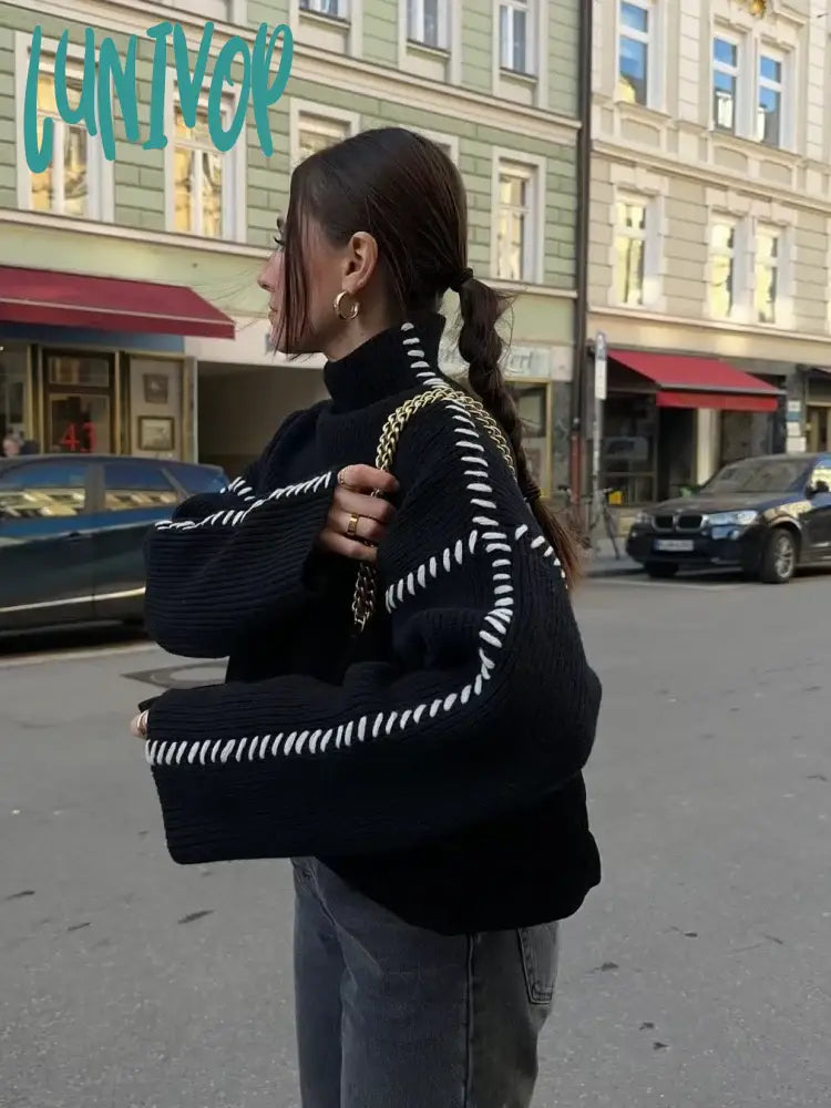 Midnight Madness Lunivop Women Sweater Black Patchwork Loose Sweater Fashion Winter Thick Turtleneck Female Pullovers Warm Jumpers Chic Elegant Sweater