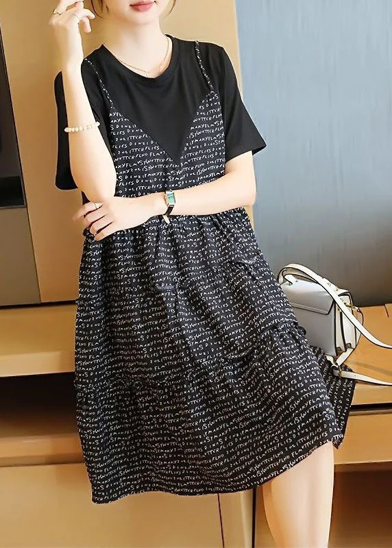 Big Discounts ruffle dressruffle dressFrench Black Oversized Patchwork Print Cotton Fake Two Piece Mid Dresses Summer