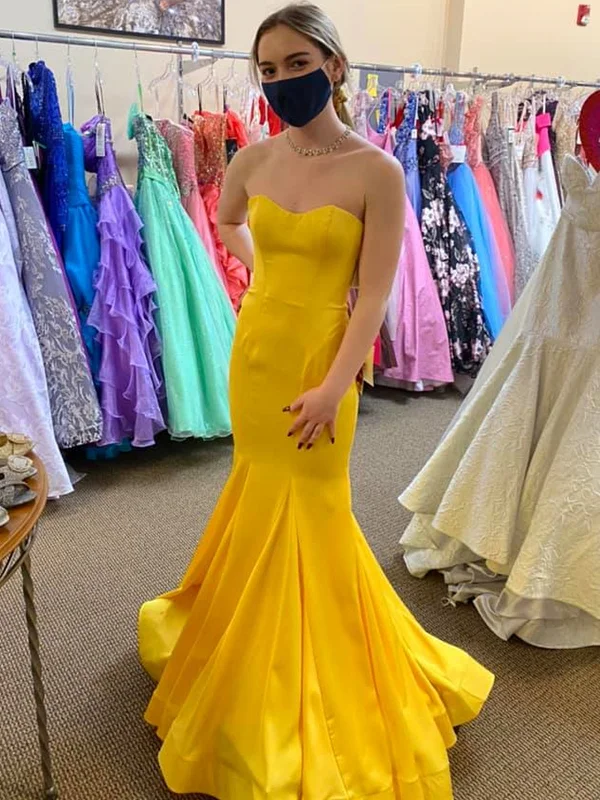 Act Now printed dressprinted dressStrapless Mermaid Yellow Satin Long Prom Dresses, Mermaid Yellow Formal Graduation Evening Dresses SP2381