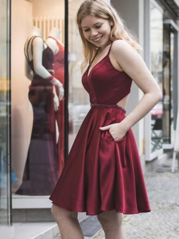 Online Only comfy dresscomfy dressA Line V Neck Short Burgundy Prom Dresses with Pocket, Short Burgundy Formal Graduation Homecoming Dresses, Burgundy Cocktail Dresses