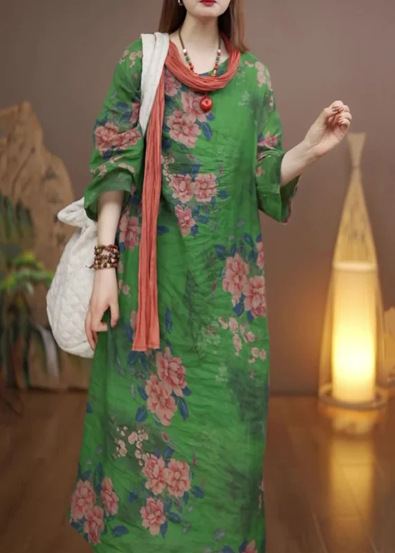 boho-chic dressVintage Green O-Neck Print Long Dress Fall