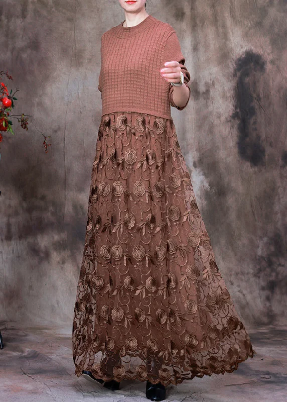 elegant shift dressFrench Chocolate O-Neck Embroideried Lace Patchwork Knit Maxi Dress Long Sleeve