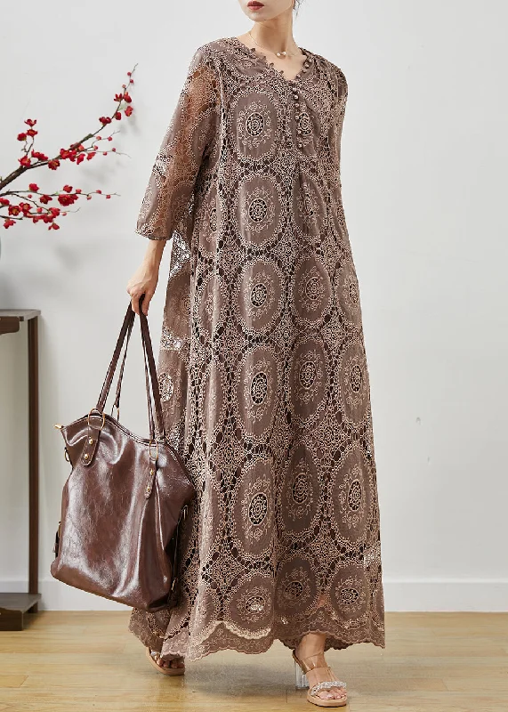 trendy wrap dressBoutique Brown Oversized Hollow Out Lace Maxi Dresses Summer