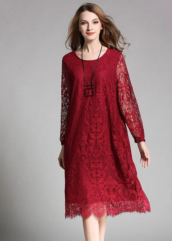 relaxed fit dressUnique Red O-Neck Hollow Out Lace Long Dress Long Sleeve