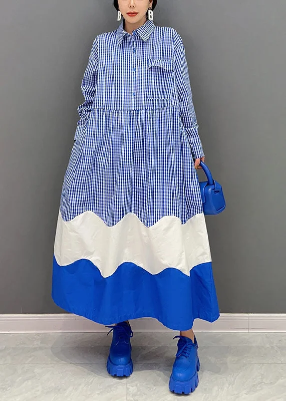 Can't Miss office dressoffice dressElegant Blue Peter Pan Collar Patchwork Plaid Cotton Shirt Dresses Spring