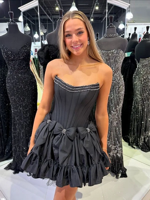 Special Discount pleated maxi dresspleated maxi dressStrapless Layered Black Satin Short Prom Dresses with Beadings, Short Black Homecoming Dresses SP3038