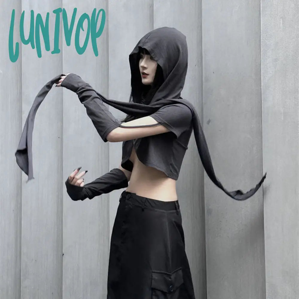 Fantastic Offers Lunivop outfit inspo Hooded Two-Piece Top Women's Black Cross Long Sleeve Ultra Short Style