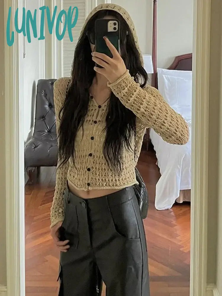 Limited Edition Lunivop Grunge Thin Hollow Out Vintage Sexy Cardigan Coats 2024 Hooded All Match Knitted Sweaters Y2k Women Fashion Casual Crop Tops