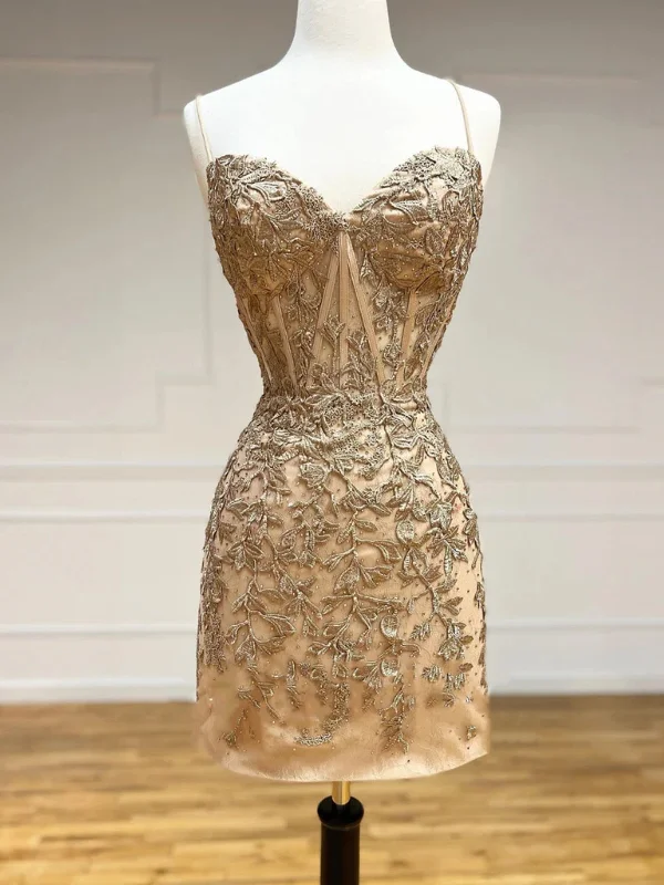 Don't Wait modern dressmodern dressMermaid Backless Champagne Lace Prom Dresses, Short Champagne Homecoming Dresses, Champagne Lace Formal Evening Dresses SP2480