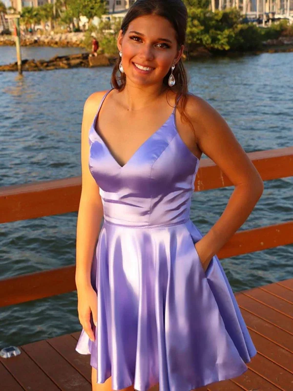 Instant Savings statement dressstatement dressV Neck Short Purple Prom Dresses with Pocket, Lilac Homecoming Dresses, V Neck Purple Formal Graduation Evening Dresses SP2433