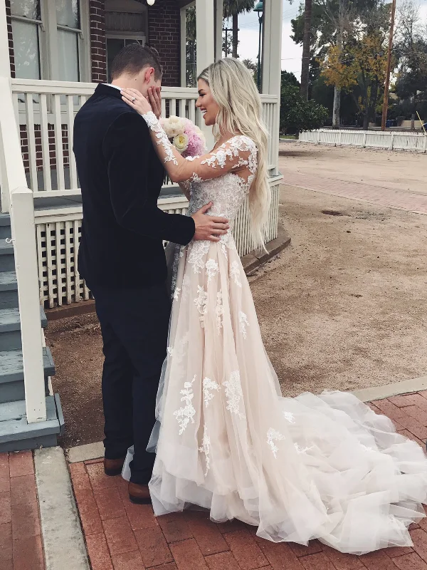 Act Fast summer floral dresssummer floral dressV Neck Long Sleeves High Low Lace Champagne Wedding Dresses With Train, Champagne Lace Prom Dresses