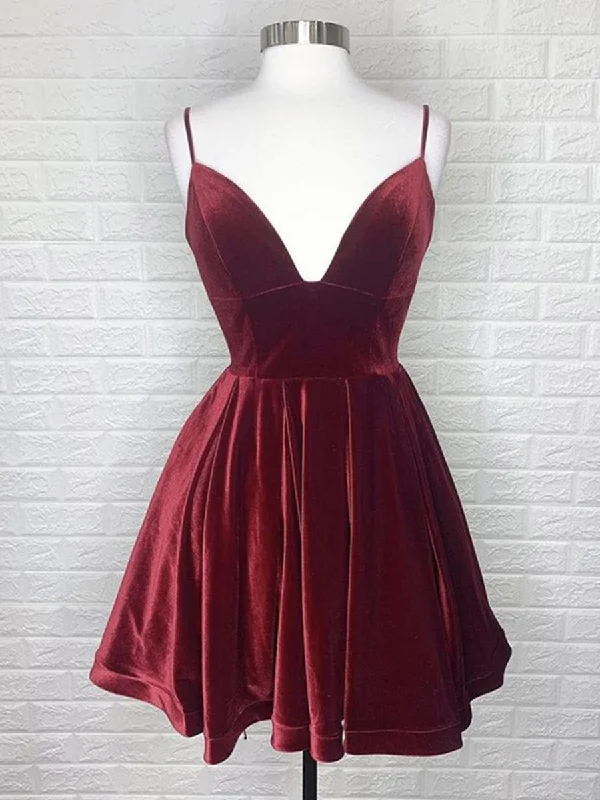 Flash Deals luxury dressluxury dressV Neck Backless Burgundy Velvet Short Prom Dresses, Short Burgundy Formal Graduation Homecoming Dresses