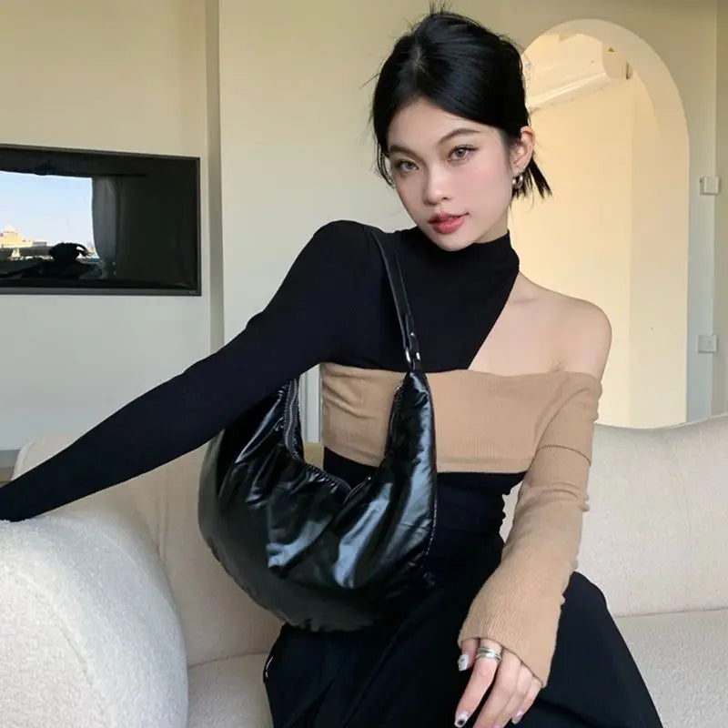 Big Savings Lunivop New Autumn Personality Constrast Color Off The Shoulder Pullovers Y2k Aesthetic High Street Korean Clothes Vintage French Tops