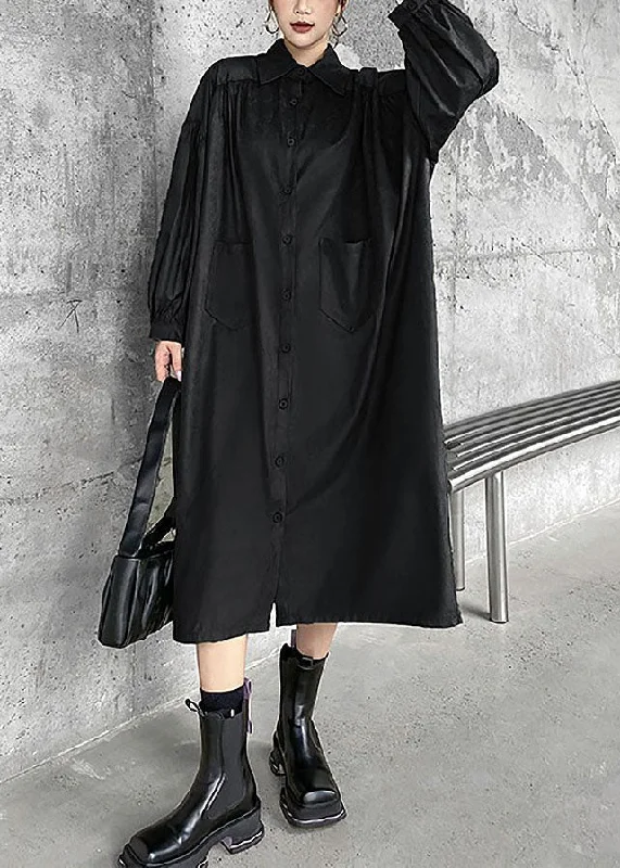 Year-End Sale midi dressmidi dressBlack Patchwork Cotton Maxi Dress Oversized Wrinkled Spring