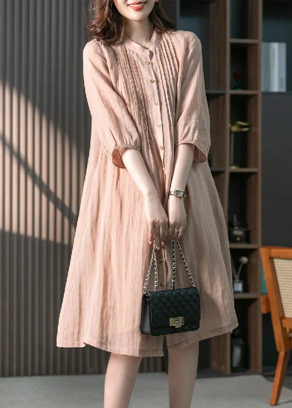 Super Bargain A-line dressA-line dressVintage Pink Stand Collar Button Wrinkled Linen Dress Half Sleeve
