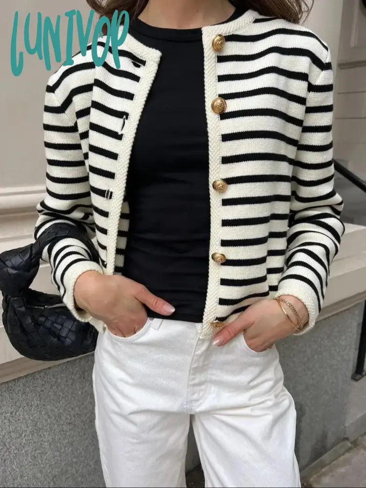 Price Break Lunivop Women Casual Striped Sweater Winter Fashion Single Breasted Knit Short Cardigan Female Elegant O-neck Pullover Sweater