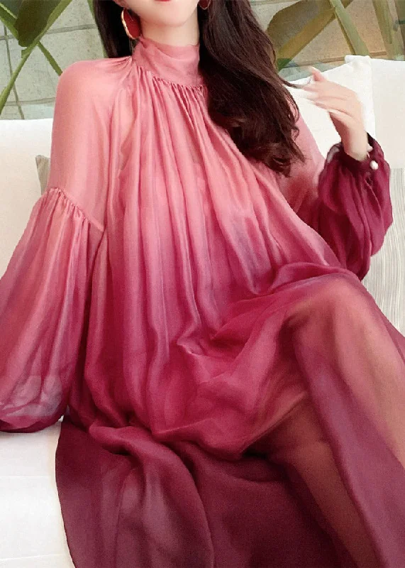 Limited Availability one-shoulder dressone-shoulder dressChinese Style Pink Stand Collar Gradient Color Silk Long Dress Puff Sleeve