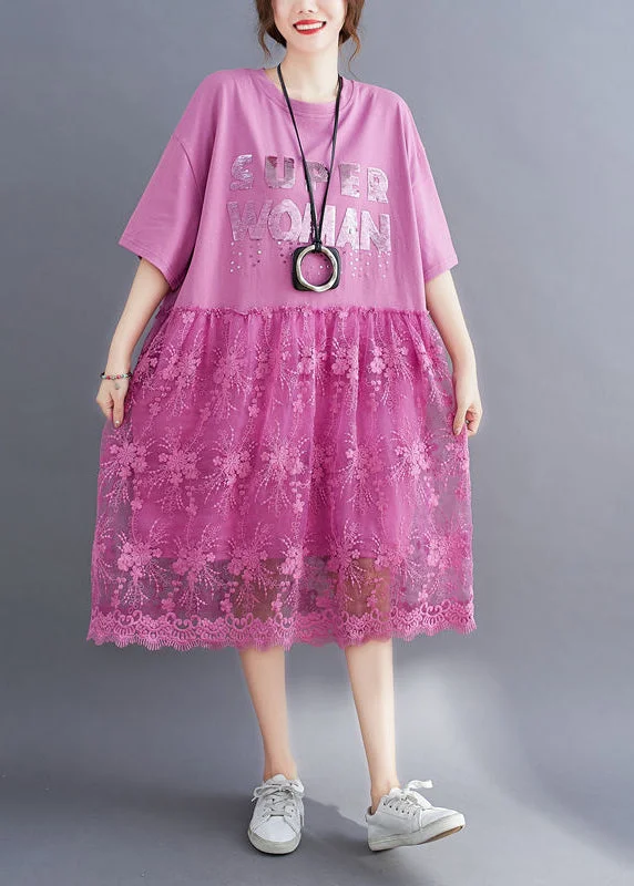 Great Deals modern dressmodern dressPink Lace Patchwork Cotton Maxi Dresses Oversized Letter Print Half Sleeve