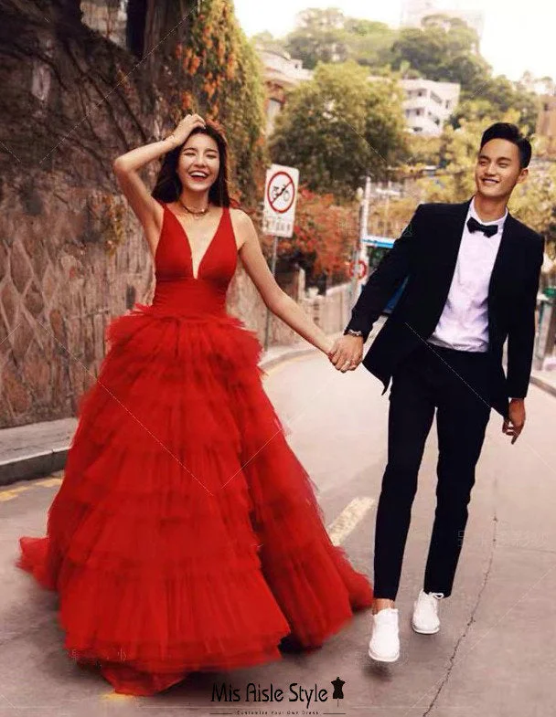 Price Reduction casual midi dresscasual midi dressBall Gown Ruffle Skirt Red Prom Dress