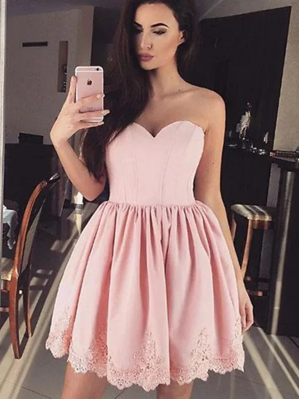 Hurry In fitted dressfitted dressStrapless Sweetheart Neck Pink Lace Prom Dresses, Short Pink Homecoming Dresses, Pink Lace Formal Evening Dresses SP2474