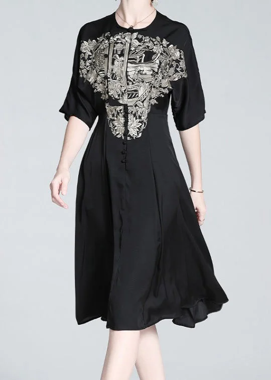 Grand Opening Sale t-shirt dresst-shirt dressItalian Black O-Neck Embroideried Button Silk Long Dress Summer