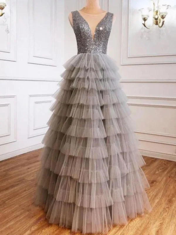 Crazy Savings flowy maxi dressflowy maxi dressV Neck Layered Gray Sequins Long Prom Dresses, Long Gray Tulle Formal Dresses, Gray Evening Dresses SP2669