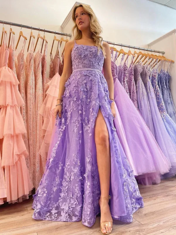 Bargain Prices casual evening dresscasual evening dressOpen Back Purple Lace Long Prom Dresses with High Slit, Purple Formal Evening Dresses with Lace Appliques SP2617