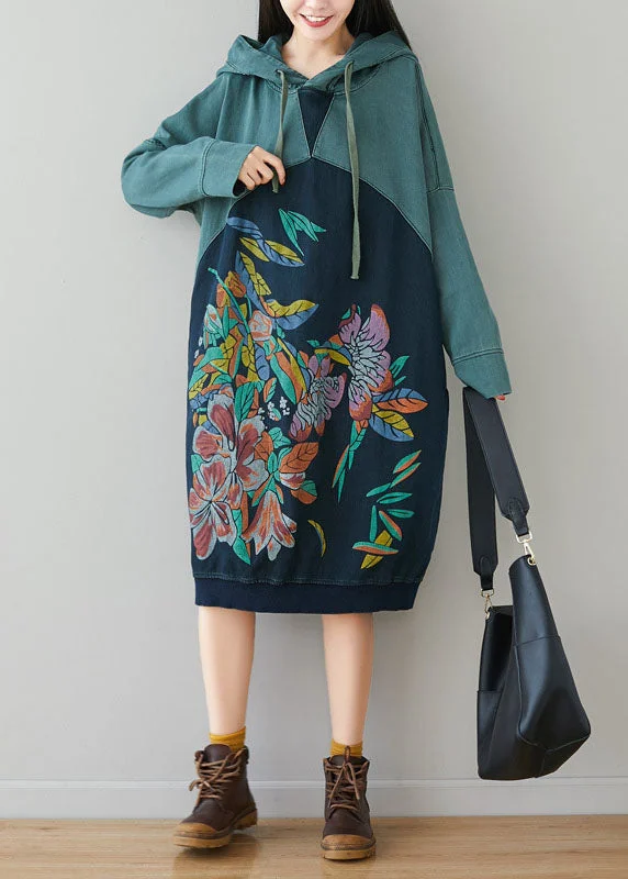 Limited Availability mini dressmini dressNatural Blue Hooded Patchwork Print Cotton Dresses Spring