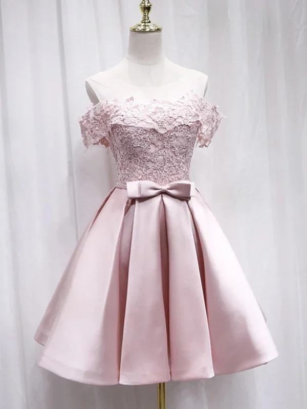 Today’s Deal tiered dresstiered dressCute Off Shoulder Pink Lace Short Prom Dresses, Pink Lace Formal Graduation Homecoming Dresses