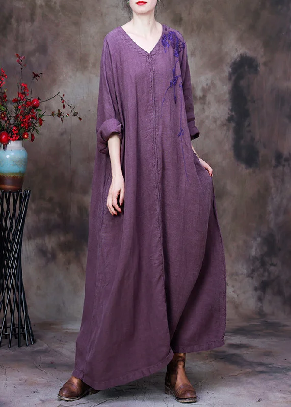 fitted cocktail dressVintage Llight Purple V Neck Asymmetrical Patchwork Linen Ankle Dress Long