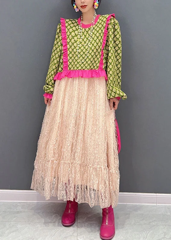 Super Savings mini dressmini dressArt Green O-Neck Ruffled Patchwork Tulle Maxi Dresses Spring