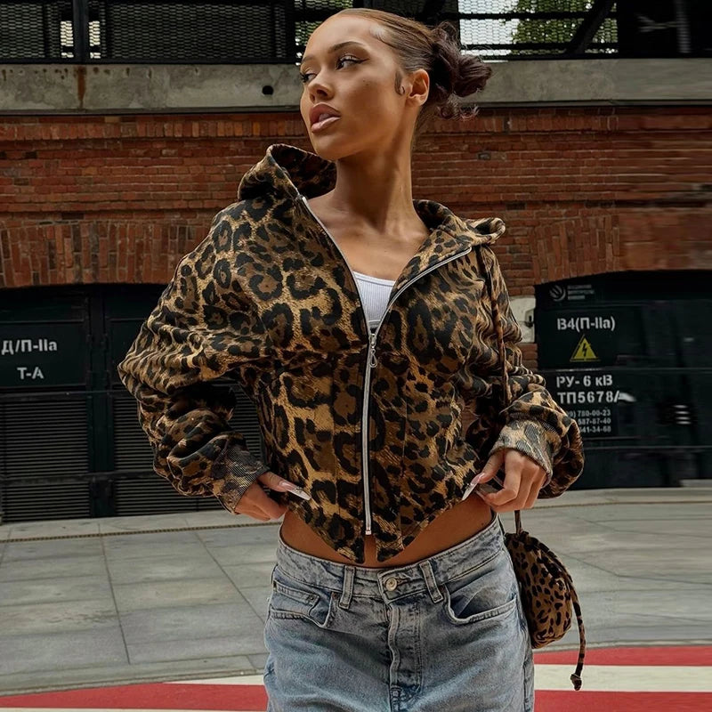Act Fast Lunivop Hooded Leopard Print Long Lantern Sleeves Zipper Up Women'S Coats jacket 2024 Y2K Streetwear Casual Clothes Wholesale