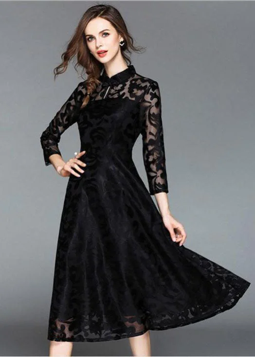 long sleeve dressBlack Embroideried Lace Vintage Dress Stand Collar Fall