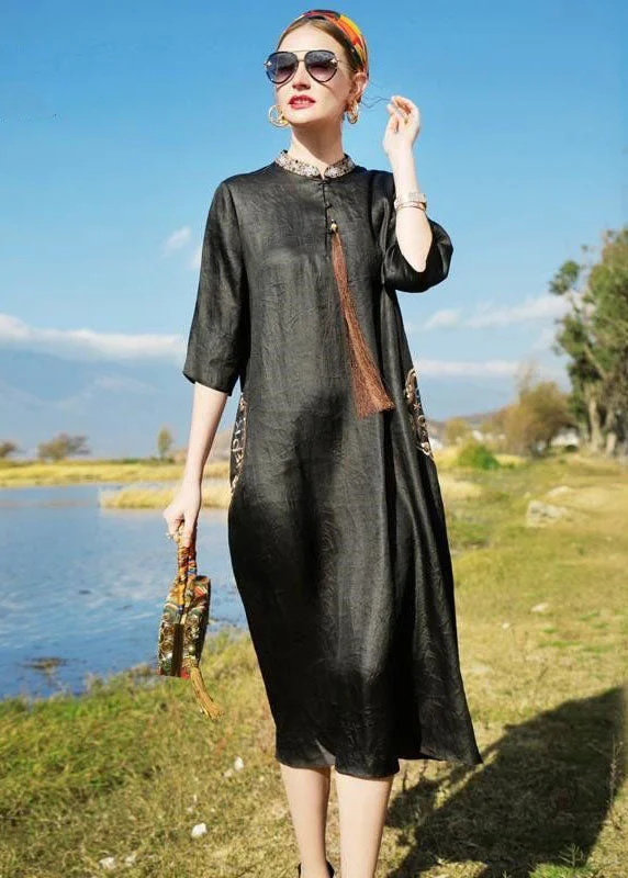 Limited Time Offer fitted bodycon dressfitted bodycon dressChinese Style Black Embroideried Tasseled Silk Dresses Bracelet Sleeve