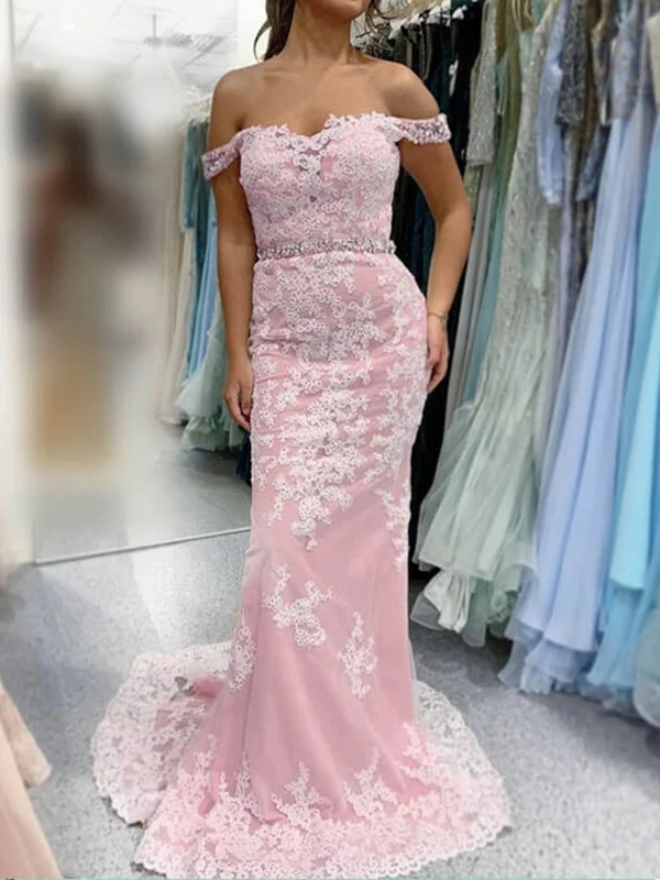 Midnight Madness satin dresssatin dressOff Shoulder Mermaid Pink Lace Long Prom Dresses, Mermaid Pink Formal Evening Dresses, Pink Lace Bridesmaid Dresses SP2269